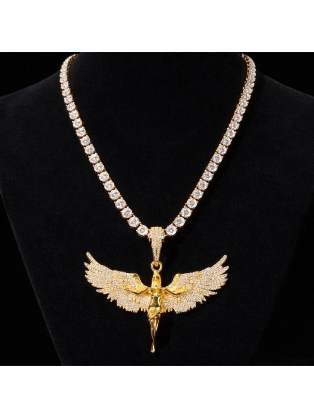 Gold Angel Pendant with Tennis Necklace | 18” or 20” | Iced Out Statement Chain